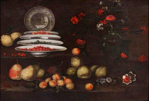 Scuola lombarda del XVII secolo, Natura morta con piatti, fiori e frutta